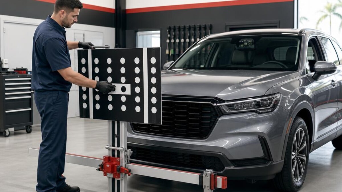 Técnico alineando un objetivo de calibración ADAS frente a un SUV reparado