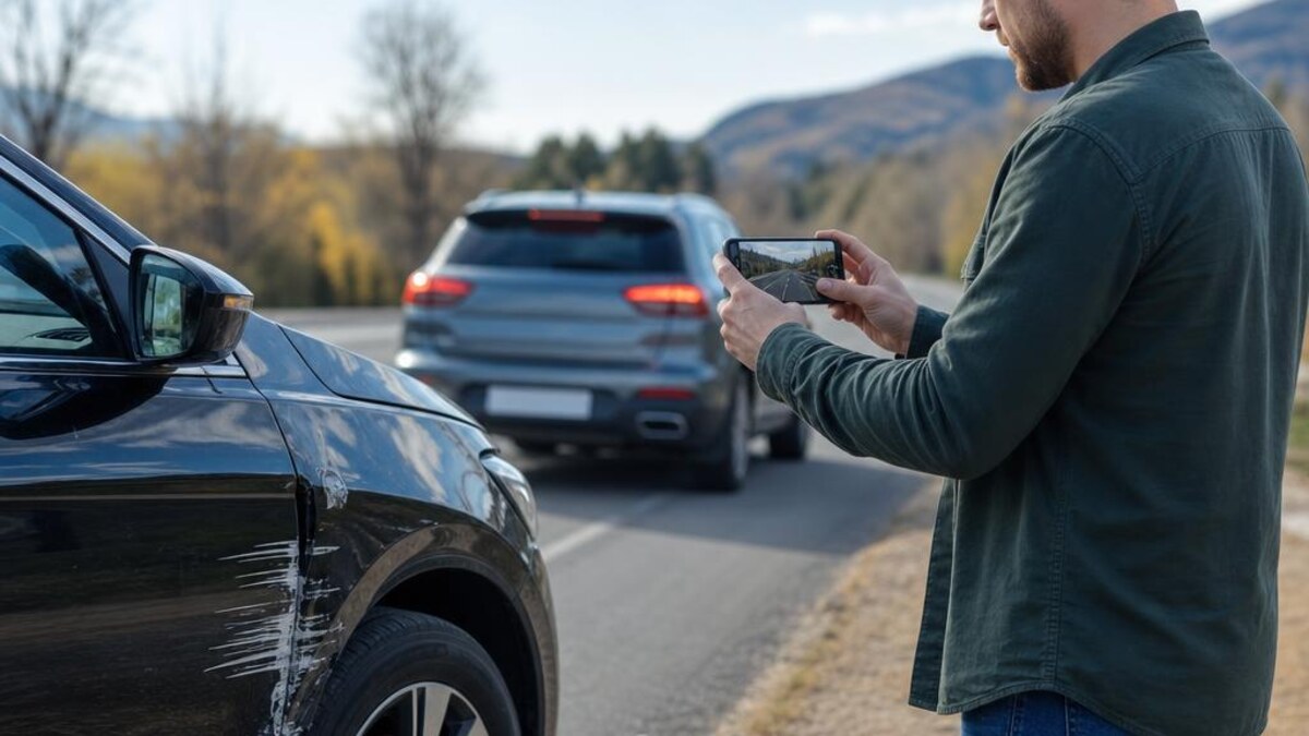 Driver photographing vehicle damage after a minor roadside accident