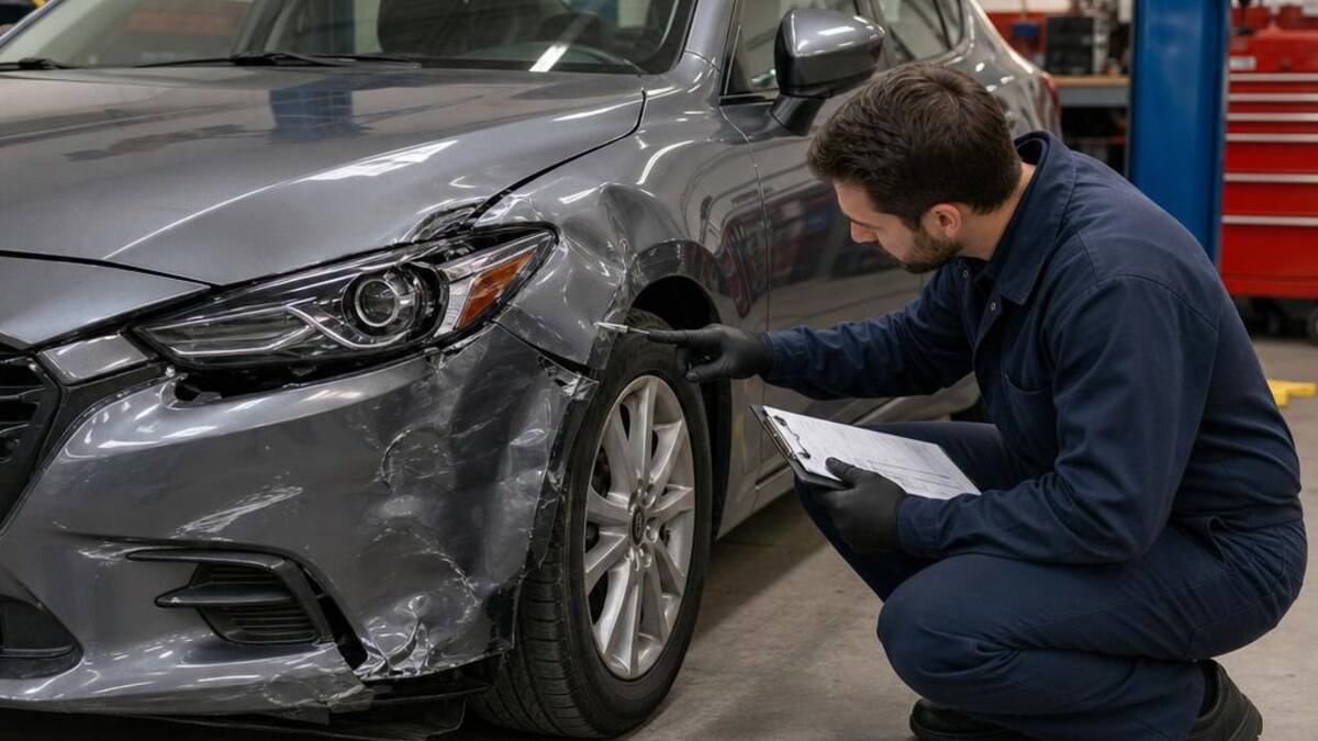 Collision technician assessing front bumper and fender damage