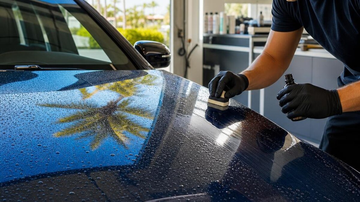 Technician applying protective sealant to a glossy car hood