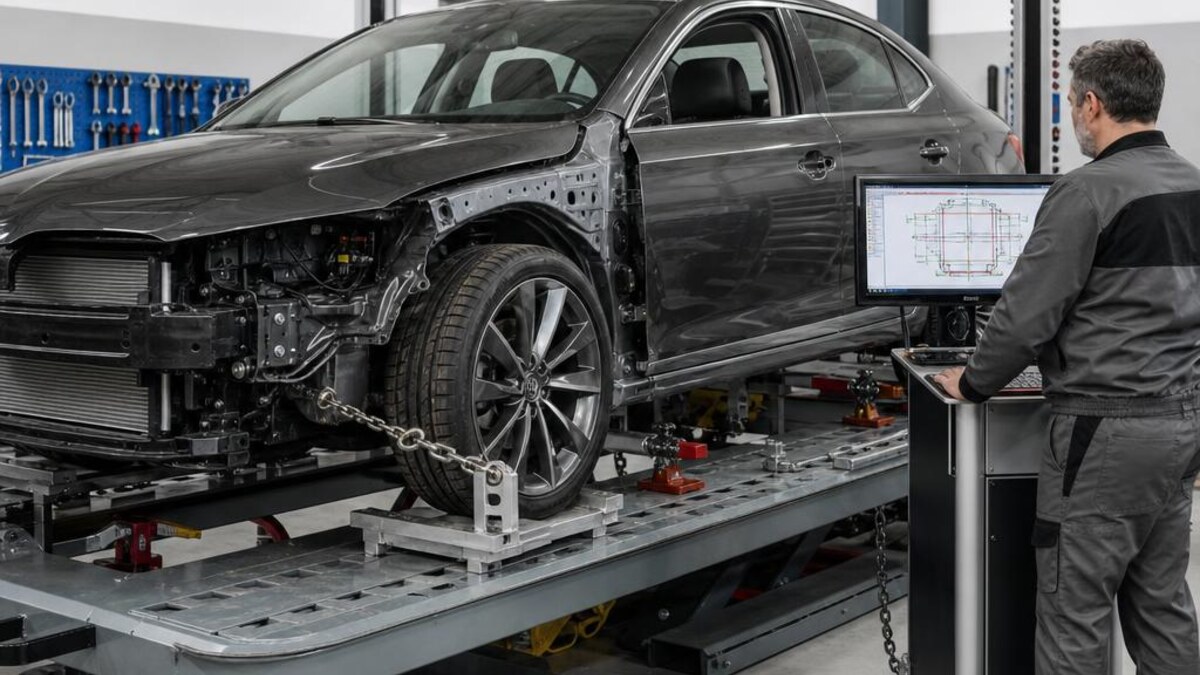 Vehicle undergoing computerized frame measurement in a collision shop