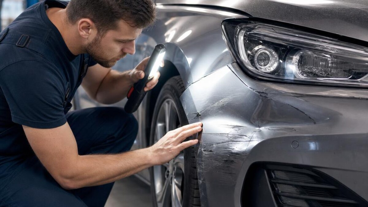 Technician inspecting a car for hidden bumper and fender damage