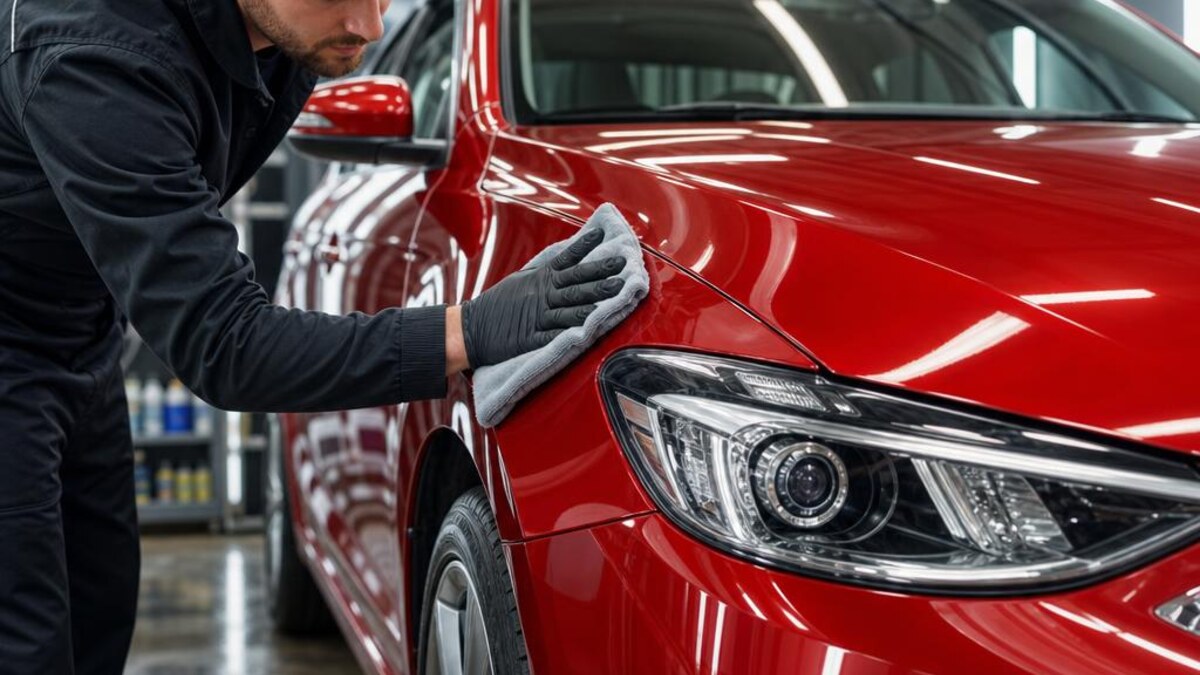Technician caring for a freshly repaired red car's paint