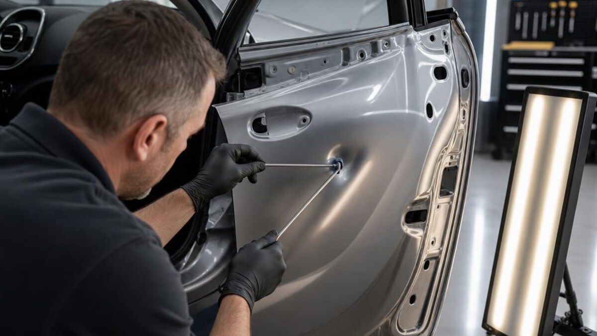 Técnico usando herramientas especializadas para reparar una abolladura sin pintura