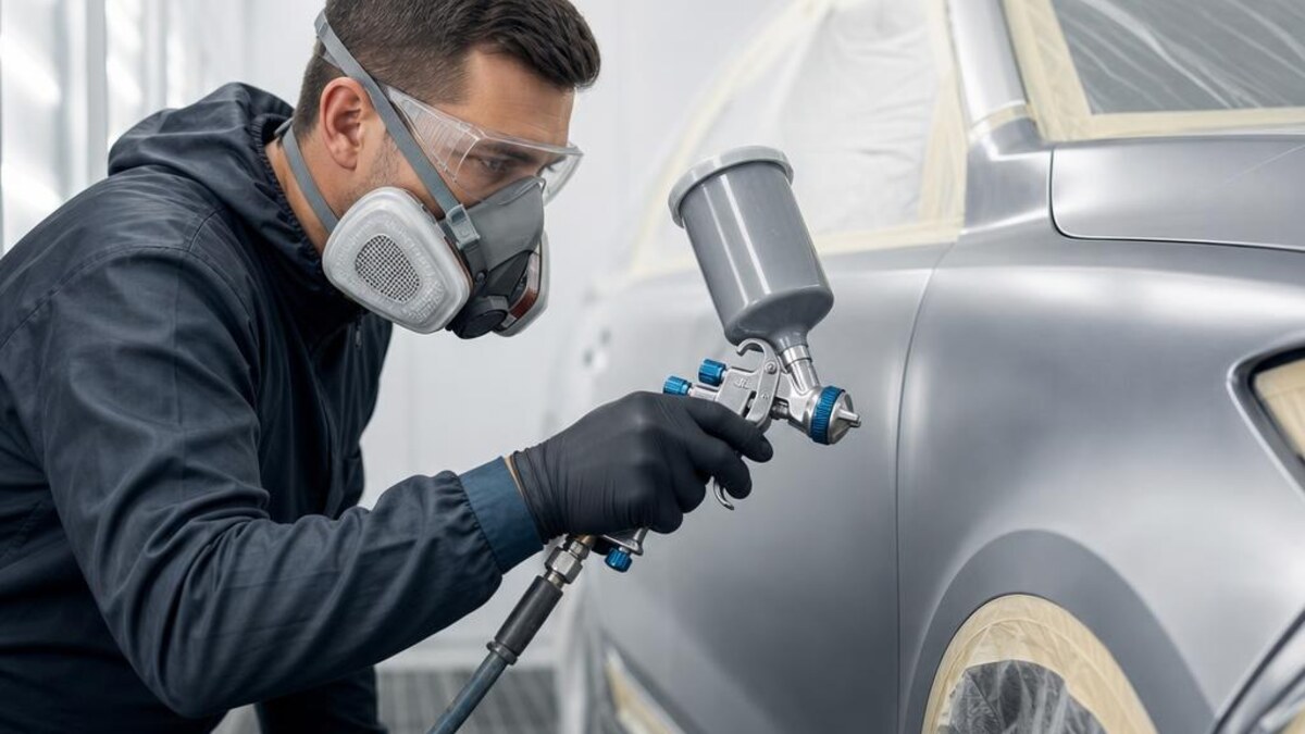 Collision repair technician refinishing a vehicle panel in a paint booth