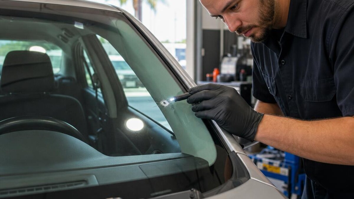 Auto glass technician inspecting a chip in a car windshield